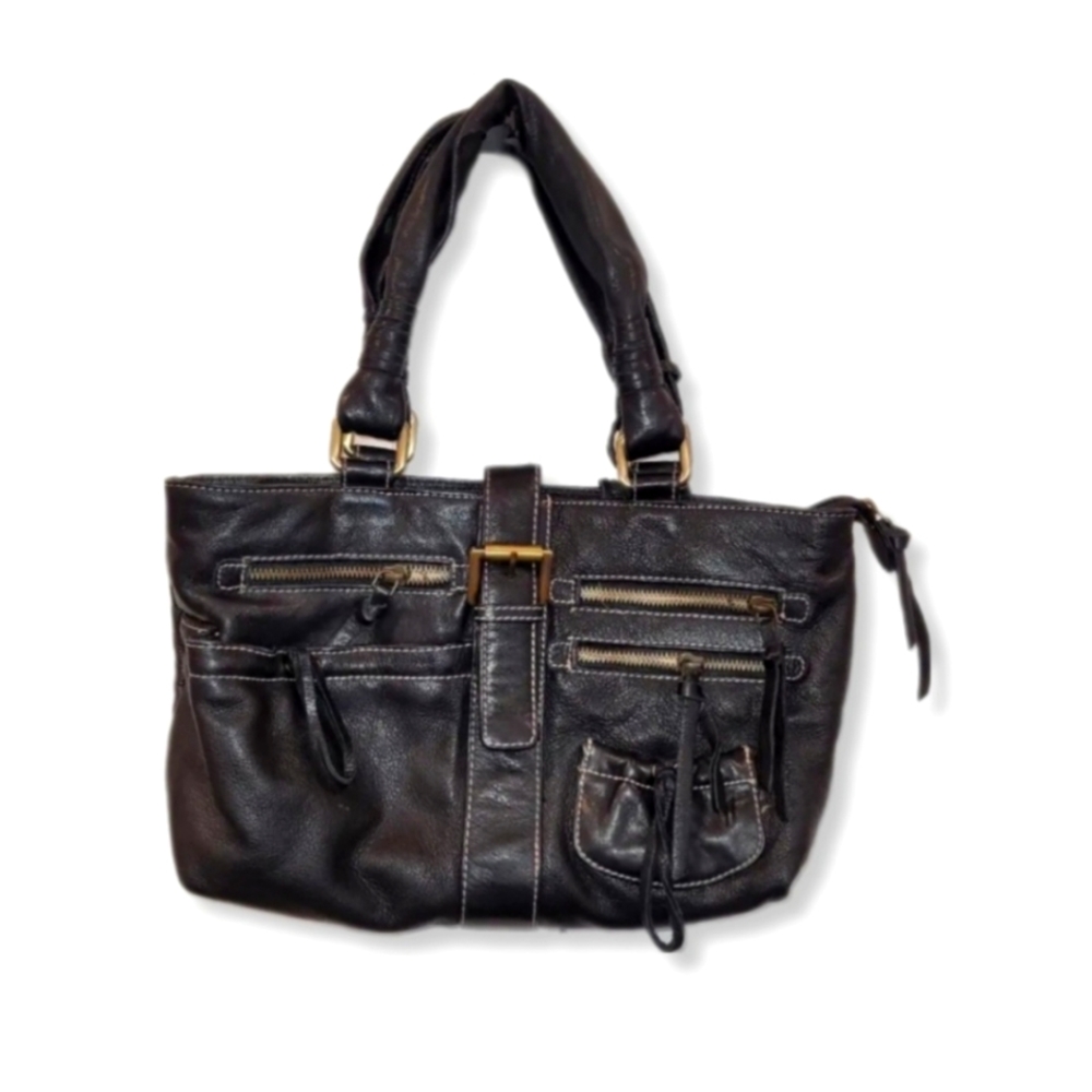 Michael Rome Handbag Black Genuine Leather Double Handle Satchel Gold Ha…